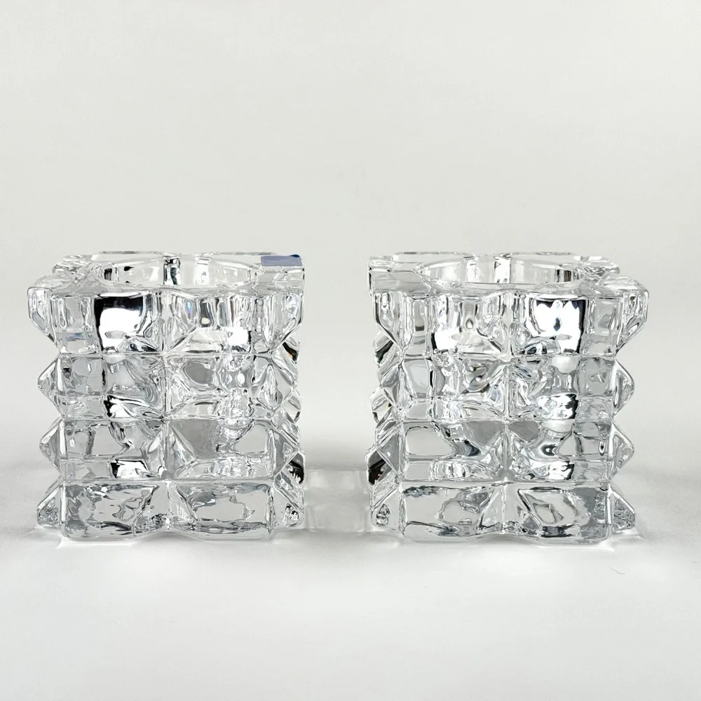Pair of square glass votive candle holders. 3